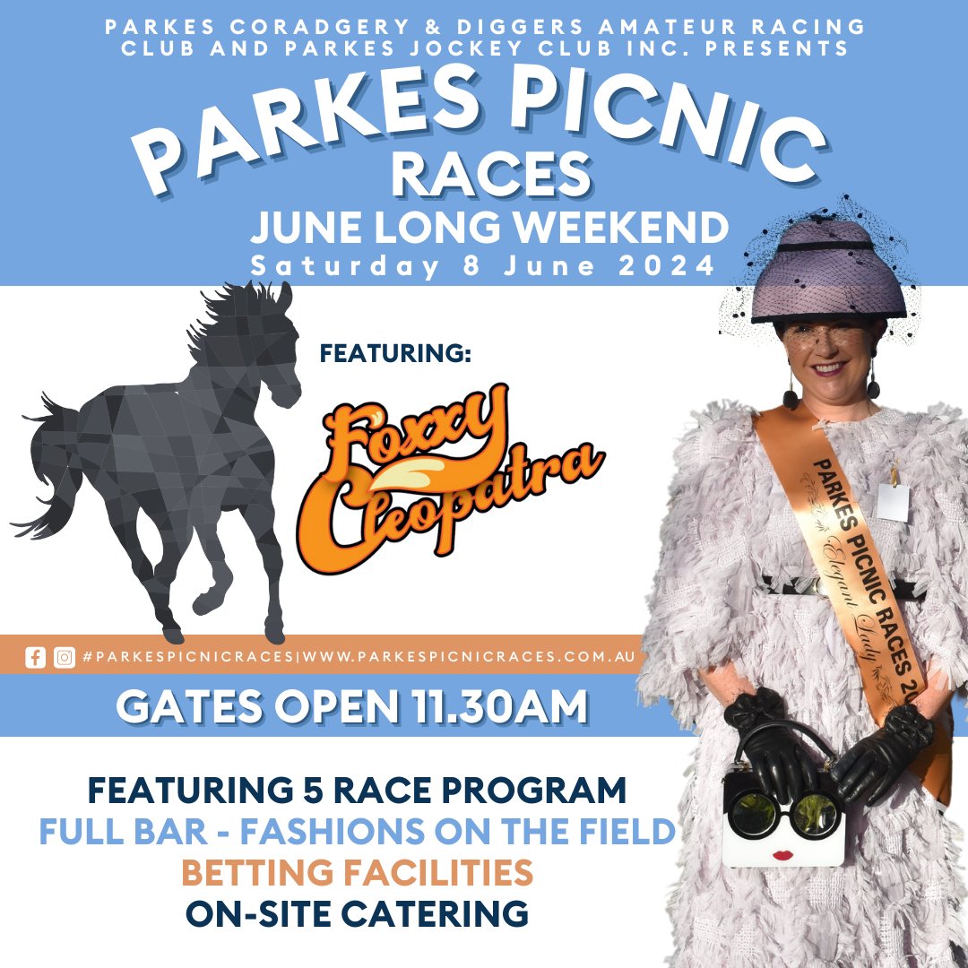 The annual Parkes Picnic Races are back in action this June long weekend! 🏆 Round up your squad and make sure to save the date: Saturday 8 June 2024. 🗓️ Tickets will be available starting Wednesday 8 May - don't miss out!