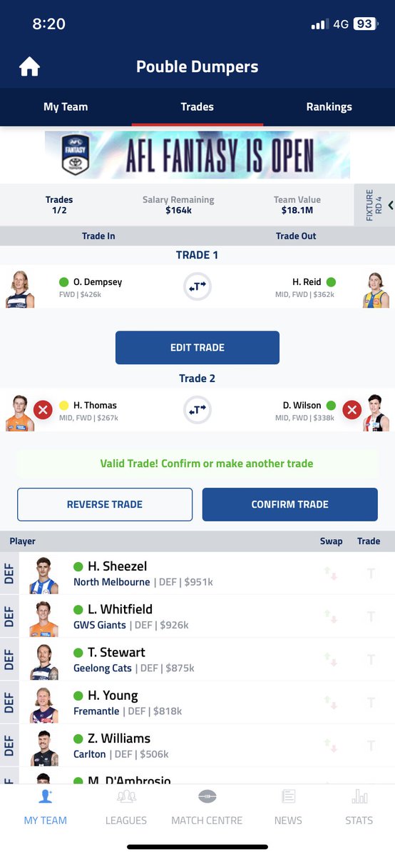 Is banking Windsors 61 at F6 worth holding Lazzaro for? (Got Dempsey F5)
Can easily swap Lazz out in the 2nd option if not. What would you prefer?
#AFLFantasy <a href="/Lemon_DT/">DT Lemon</a> <a href="/MiniMonk10/">MiniMonk10</a> <a href="/fantasynut_afl/">Vams</a> <a href="/ballboysfantasy/">Mitch Casey</a>