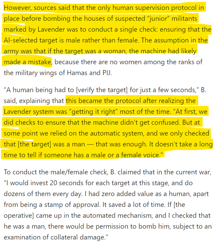 The IDF's official 'rebuttal' (idf.il/189654) to @972mag's and the @guardian's incredibly sickening revelations that they've automatized the mass murder of Gazans with AI (972mag.com/lavender-ai-is…) is quite stunning because they actually validate pretty much all their…