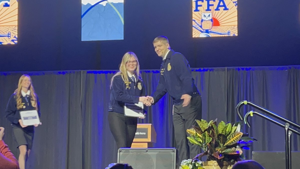 GoBluejays1's tweet photo. 💙💛 Day 2 at the state FFA convention started with being recognized for our involvement with Connecting Chapters program and ended with a 5th place award in the ‘I Believe in Ag’ campaign! State-qualifying competitions today included welding, ag sales &amp; vet science teams. #agffa https://t.co/lpDjmSsg2c
