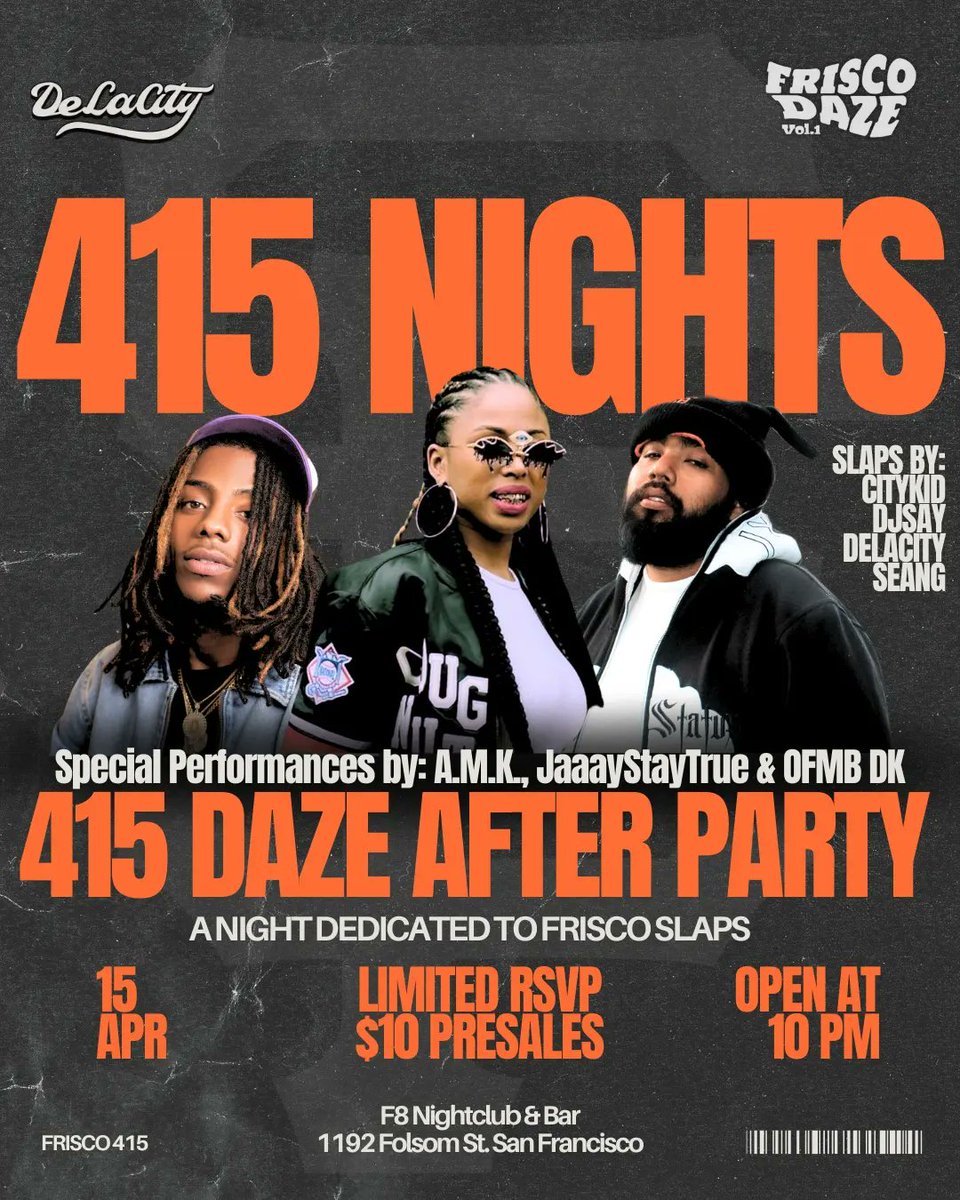 4.15 Daze is coming up we got that heat for y'all all day &amp; iight! FREE Day event! 🥳🌉

We going up on a Monday!  <a href="/DeeJaySeanG/">liked songs</a>
<a href="/TheCityKid_415/">FRISCO FINEST</a>
<a href="/SayHeyKiid/">DJSAY</a>
<a href="/AlienMacKitty/">IG ALIENMACKITTY</a>
<a href="/JaaayStayTrue_/">JaaayStayTrue</a>
@ofmb_dk
<a href="/F8SF/">F8 in San Francisco</a>

$10 Presales available for 415 Nights! 
eventbrite.com/e/415-daze-aft…