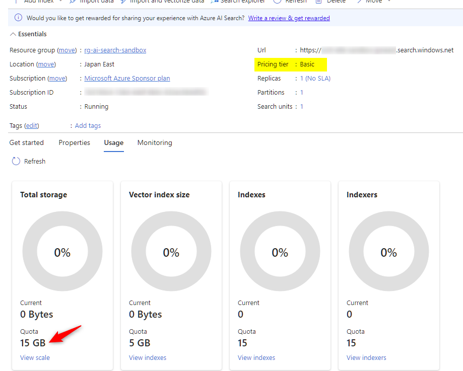 #Azure #AISearch でインデックスのサイズ上限の大幅な増加のアナウンス！東日本リージョンで新規に basic plan 作ったら 15GB だ♪
techcommunity.microsoft.com/t5/ai-azure-ai…