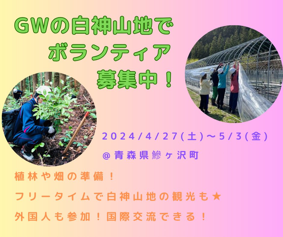nice_workcamp's tweet photo. ／
GWの白神山地のワークキャンプに参加しませんか？
＼
白神山地の麓の白神自然学校で、畑の作業や植林！
2024/04/27(土)～2024/05/03(金)
開催場所：青森県鯵ヶ沢町
詳細はこちら！
https://t.co/jBuQL6fqkp
#国際ボランティアのnice https://t.co/IgApwuOsmO