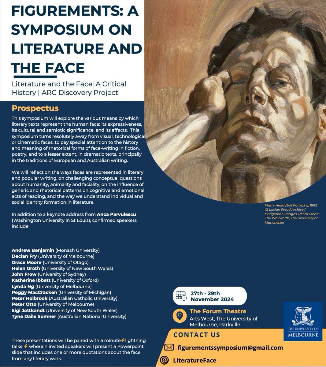 Tyne Daile Sumner (@tynedaile) on Twitter photo I'm excited to finally share the details of our culminating project event: 'Figurements: A Symposium on Literature & the Face.' 27th-29th November at <a href="/UniMelb/">University of Melbourne</a>! Registration and more details in the next few weeks. Keep an eye on things here: face.hypotheses.org/figurements-a-…
👁️👁️👁️ I'm excited to finally share the details of our culminating project event: 'Figurements: A Symposium on Literature & the Face.' 27th-29th November at <a href="/UniMelb/">University of Melbourne</a>! Registration and more details in the next few weeks. Keep an eye on things here: face.hypotheses.org/figurements-a-…
👁️👁️👁️