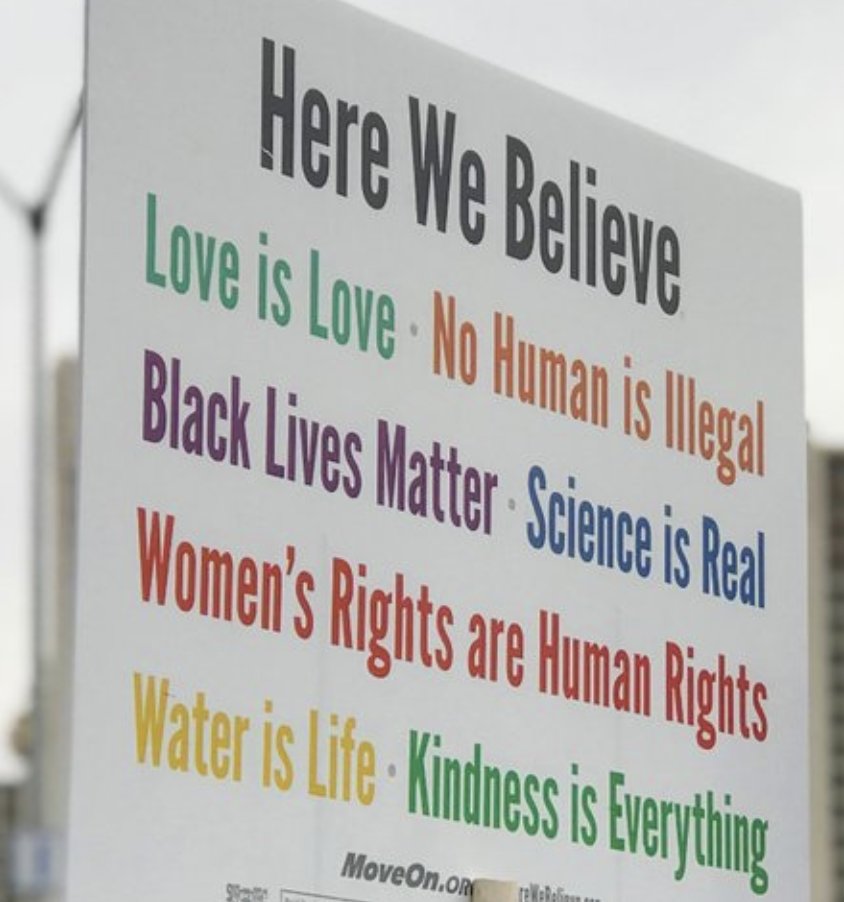 HERE WE BELIEVE: Love is Love No Human is Illegal Black Lives Matter Science is Real Women's Rights are Human Rights Water is Life Kindness is Everything (MoveOn.org) :-)}