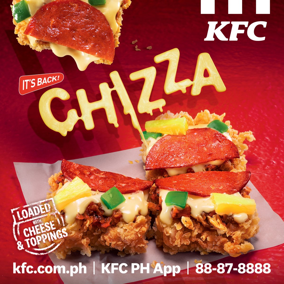 Say Chizza! 🍗🍕 Your fave snack loaded with cheese and toppings is back to serve some flavor! #YasssKFCChizza