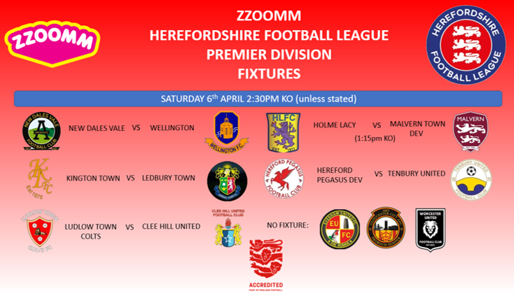 FIXTURES 6/4
With 1 month of matches left, what a day we have in store in the @zzoommfullfibre HFL Premier

The top 4 all playing each other...
@KingtonTownFC 2nd v @LedburyTown1893 3rd
@NewDalesValeFC 4th v @WellingtonFC1 1st

3 points will see Wellington win the League Title ⚽️