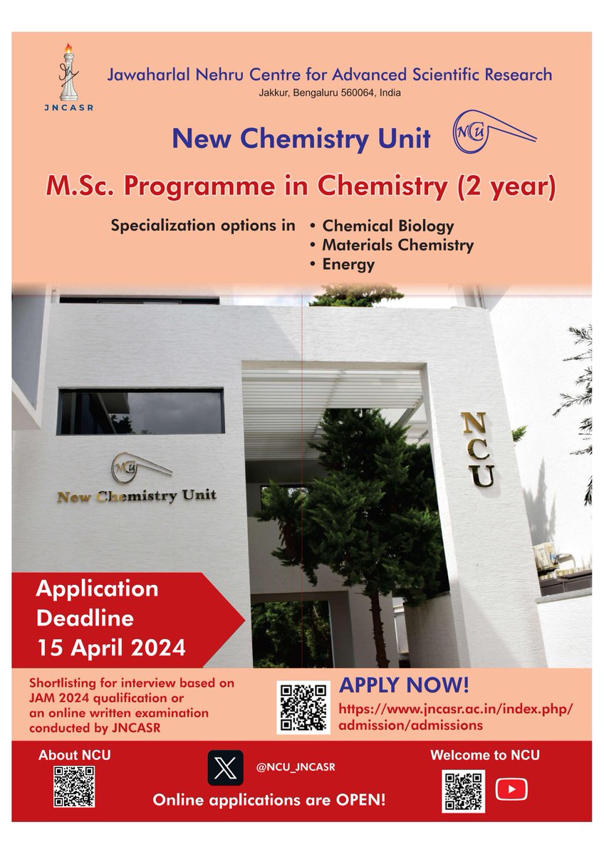 New Chemistry Unit (@ncu_jncasr) on Twitter photo 📢NCU <a href="/jncasr/">JNCASR Bangalore</a> offers a one-of-a-kind 2-year MSc in Chemistry programme with the flexibility to specialize in the interdisciplinary areas of chemistry- chemical biology, materials chemistry and energy! It provides enriching academic and research training. Apply now!!! 📢NCU <a href="/jncasr/">JNCASR Bangalore</a> offers a one-of-a-kind 2-year MSc in Chemistry programme with the flexibility to specialize in the interdisciplinary areas of chemistry- chemical biology, materials chemistry and energy! It provides enriching academic and research training. Apply now!!!