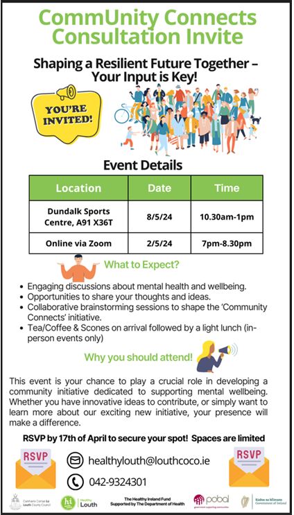 Join us for 'CommUnity Connect' Public Consultation 🗓️ When: 08/05/24 Where: Dundalk Sports Centre, Muirhevnamor Explore proactive mental health support initiatives Share insights, fears, and needs Together, let's empower and thrive! #Community @HealthyLouth @LouthPPN