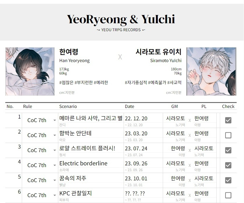 JH___0_'s tweet photo. https://t.co/7X9r7GPOyM 

페어의 TRPG 플레이내역을 간단하게 정리할 수 있는 스프레드시트형 페어틀을 2차지인 한정 배포합니다. 공수표를 올려두기에도 좋을 것 같습니다! 비밀번호는 1차지인분들께 여쭤봐주세요. 
예시 이미지는 저와 지인분들의 페어입니다! https://t.co/ZSSrtl2hhX