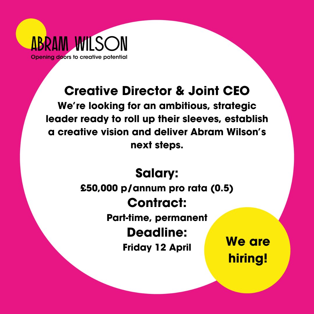 📣 One week left to apply!📣 Applications are open to join the Abram Wilson charity as Creative Director and Joint-CEO, deadline 12 April. Please send any questions to hello@abramwilson.com. 🔗 For the job pack head to abramwilson.com #Artsjobs #charityjobs