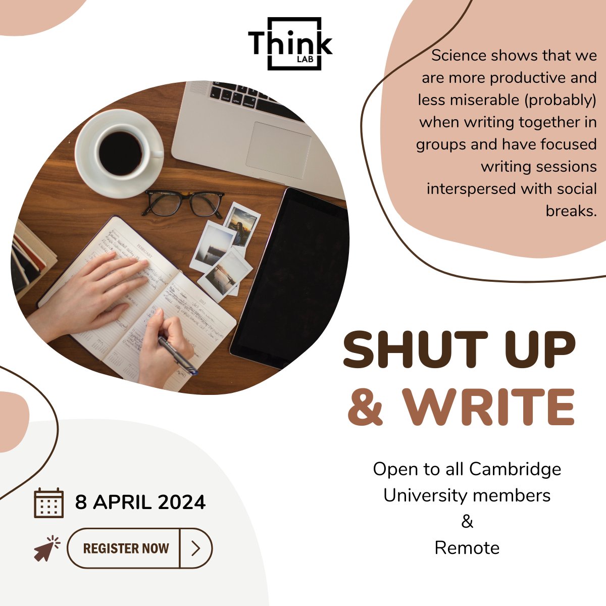 Do you need focused writing time for your project or work? Join us next Monday for the ThinkLab Shut up and write! meetup. We'll be at @Kings_College and joined by @thomroulet, everyone is welcome to come, in-person and online: eventbrite.com/e/shut-up-writ… #cambridge #writing