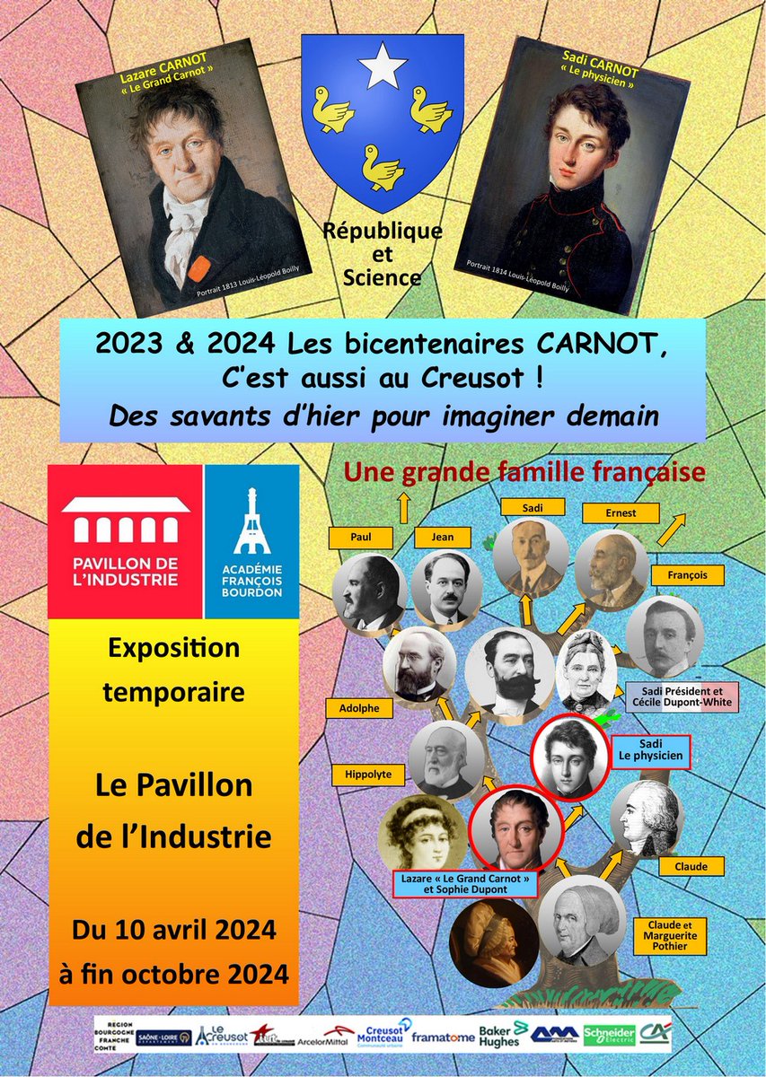Exposition temporaire au Pavillon de l'Industrie du 10 avril à fin octobre 2024 : «2023-24 - Les bicentenaires Carnot, c’est aussi au Creusot- Des savants d’hier pour imaginer demain".
Plus d'infos : fb.me/e/gZ5QZw3hA