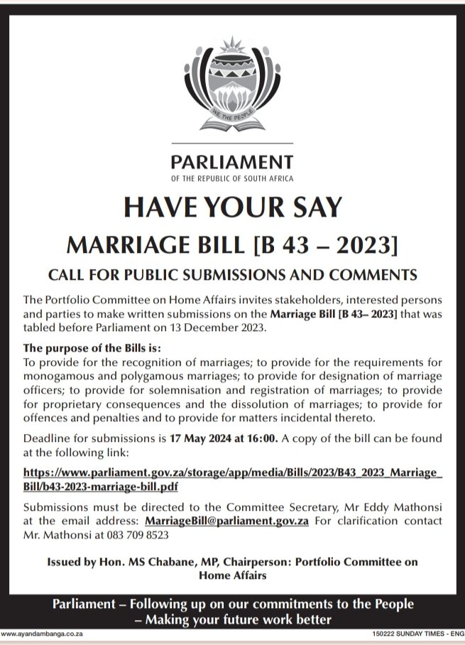 🚨🚨🚨HAVE YOUR SAY!! 
Call for public submissions on the Marriage Bill #MarriageBill. Public submissions open until 17 May 2024 #PublicParticipation