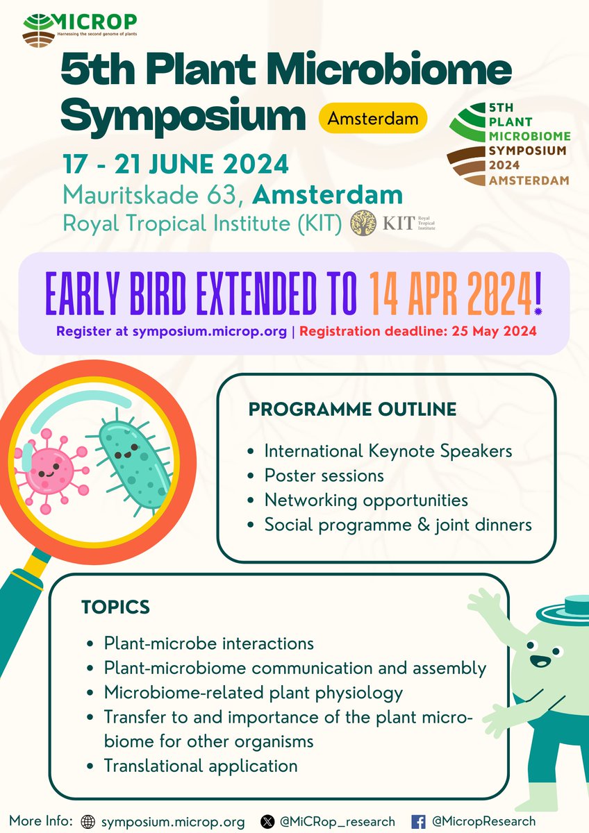 We have extended the early bird registration deadline for the 5th Plant Microbiome Symposium, 17-21 June, 2024 in Amsterdam, to 14 April. We have an amazing selection of speakers lined up, and ample of opportunity to present your own work: symposium.microp.org