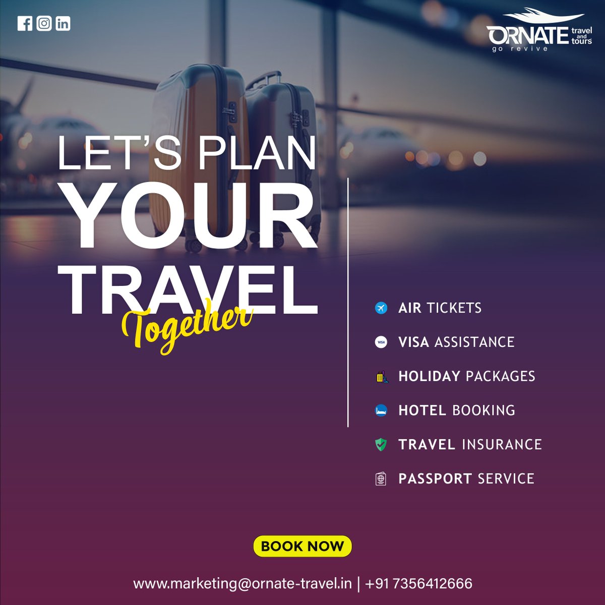 Let's travel together!✈️

Book Now
📞 Call: +91 7356412666
📧 Email: marketing@ornate-travel.in
•
•
#booktoday #travel #travelpackage #travelinsurance #holidaypackages #flightticket #visa #visaassistance