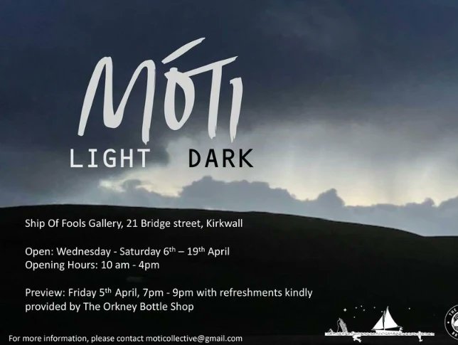 Our Moti members have been hard at work curating and setting up our new exthibition Light Dark' which opens for preview today, Friday 5th of April at 7pm. Make sure to head down as there will also be refreshments kindly provided by the Orkney Brewery's Peedie Bottle Shop