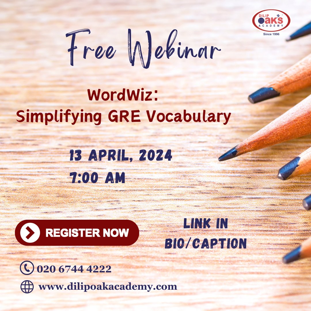 Unlock the power of words with GRE WordWiz! Join us every second Saturday for our monthly webinar and enhance your vocabulary. Link in bio! #dilipoaksacademy #freewebinar #studyabroad #studyabroadconsultants #MsinUSA #studyinusa #highereducation #studyinamerica #vocabulary #words