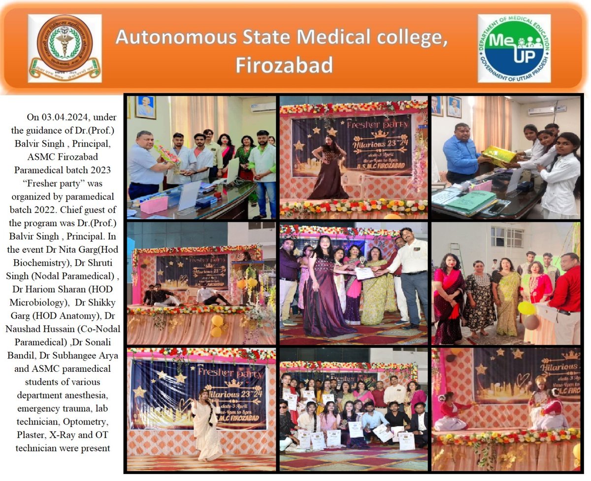 asmcfirozabad's tweet photo. #dgmeup #up #abvmu #Firozabad #freshersparty #paramedicalCourses #medicalstudent  
On 03.04.2024, under the guidance of Dr.(Prof.) Balvir Singh , Principal, ASMC Firozabad Paramedical batch 2023 “Fresher party” was organized. https://t.co/FzIESRubAF