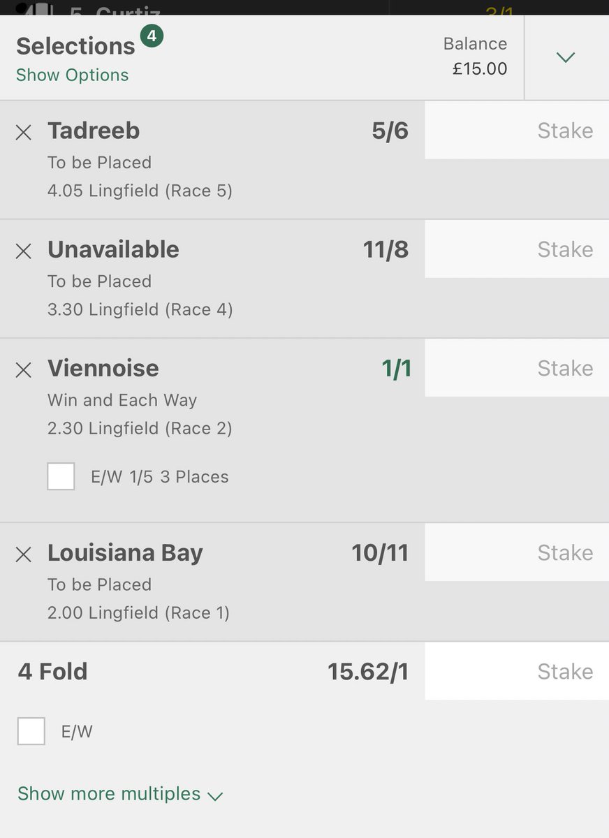 Just gone for this 1 Point 4 Fold at Lingfield today

3 horses to place & 1 to win.

Got a good chance this shouldn’t be too far away!

Anyone got anyone they fancy today??🐎❤️