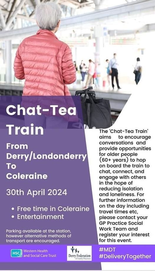 Another chat - tea train event has been organised for Tuesday 30th April. Contact your GP practice social work team if you are interested. #stayconnected #olderpeople #allyfoyle @WesternHSCTrust #trainjourneys