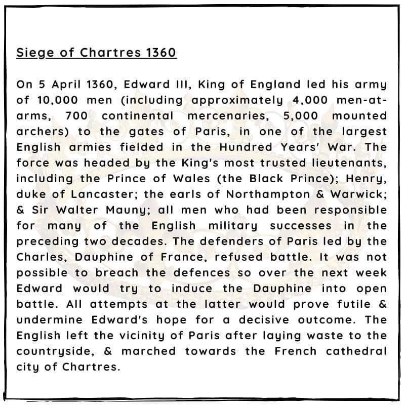 #otd 5 April 1360 - Siege of Chartres

Edward III, King of England led his army of 10,000 men (incl. approximately 4,000 men-at-arms, 700 continental mercenaries, 5,000 mounted archers) to the gates of Paris, before leaving for Chartres.

#EdwardIII #plantagenets #royalhistory…