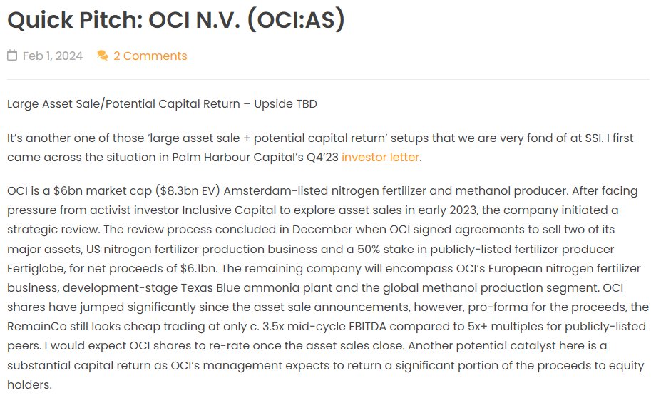 If anyone is interested in the $OCI setup, I just made the pitch public.

With slightly lower prices today and management's commitment to capital returns, the situation is even more attractive today.

For more details, full pitch on $OCI.AS is here: specialsituationinvestments.com/2024/02/quick-…