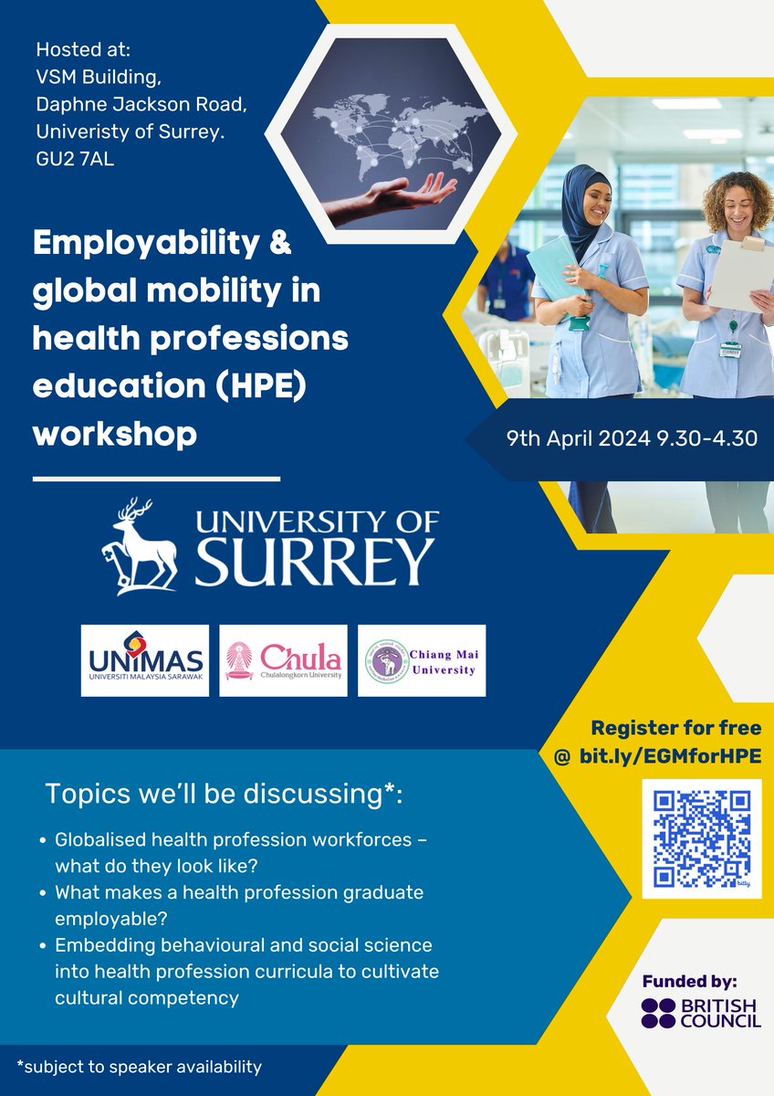 Interested in Health Professions Education (HPE)? Join us next week at our free, one-day workshop on employability and global mobility. 📍University of Surrey Veterinary School 📆 9th April 9.30-4.30 ✅ Book your place:  bit.ly/EGMforHPE #uniofsurrey #univeersityofsurrey