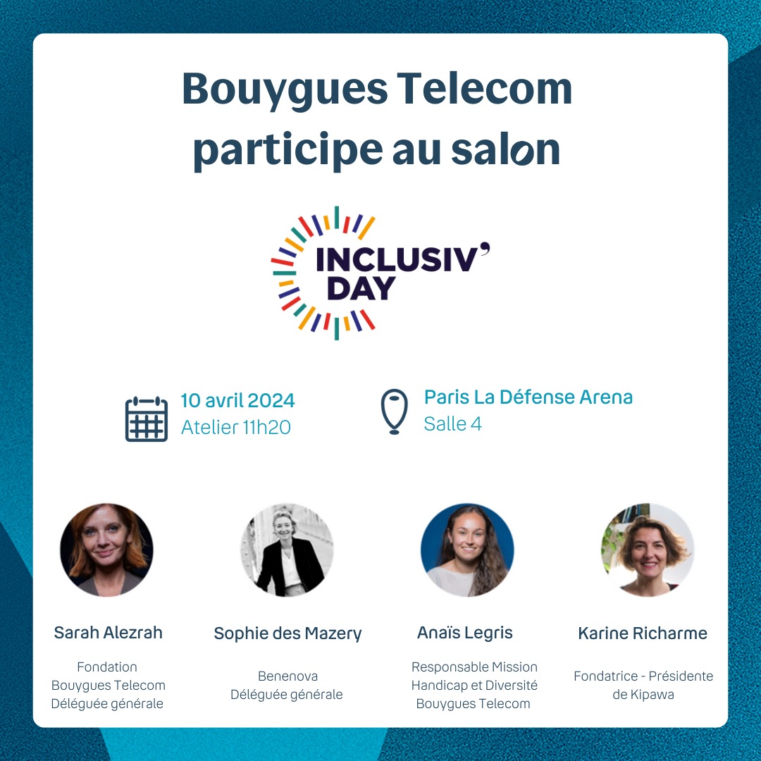 📆 Save the date - 10 avril @bouyguestelecom sera présent au salon @InclusivDay organisé par @EchosParisien_E à @ParisLaDefArena 🙌 Nos équipes interviendront aux côtés des associations #Kipawa et @Benenova_fr lors d’une table ronde intitulée « Personnes exilées ou en