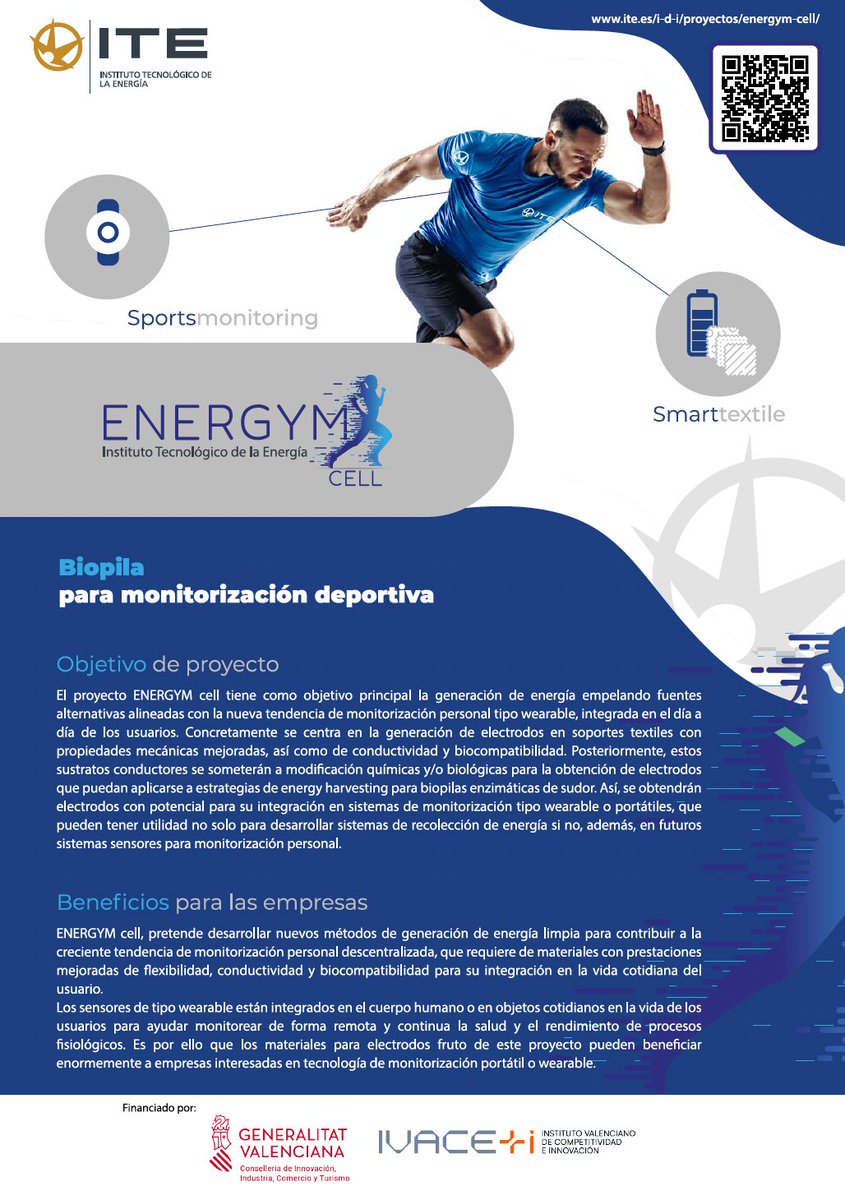 itenergia's tweet photo. Damos un paso más en la investigación sobre la #tecnología de #biopilas con el proyecto #Energymcell @GVAivace , al desarrollar una biopila de última generación integrada en prendas deportivas que emplea el sudor humano como energía.
Más info 👇
https://t.co/ti1tmbV0M7 https://t.co/4sfWezlPBp