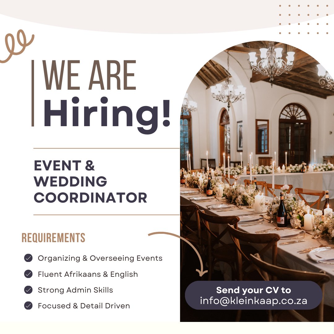 Are you focused and detail-driven? Love working with people and making every occasion a celebration? 🌿

Join our team! We are looking for an Event &amp; Wedding Coordinator

If you think you are the perfect fit, send your CV to info@kleinkaap.co.za 🌺
#kleinkaap #centurion #events