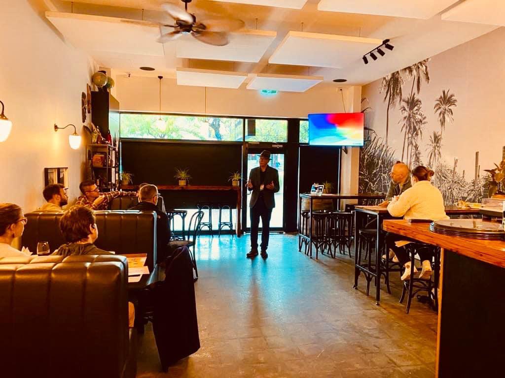 A great example of community engagement in action. Rob Nicholls running a @LivingWorksAus safeTALK workshop at The Ten Saints bar for locals in Melbourne. Gold!