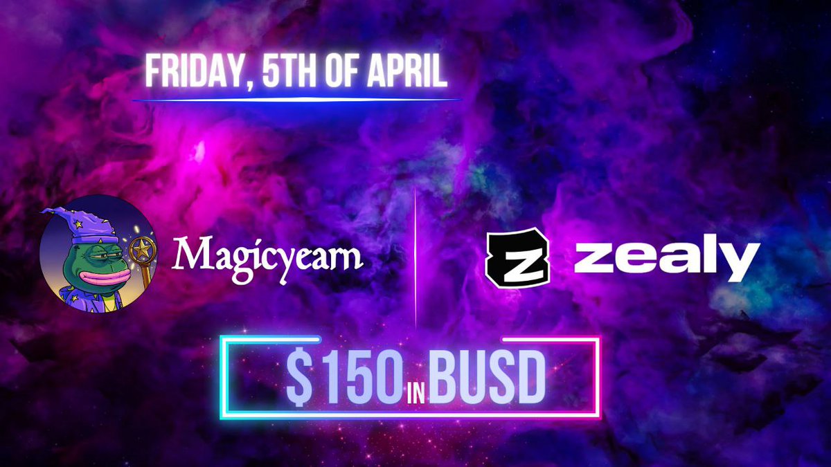 🔮✨ We are thrilled to announce the launch of the Zealy Campaign for the Magic Yearn Community! 🌟 

Join👉  zealy.io/cw/magicyearnc…

🏆Prize pool: $150 BUSD

🏅1st: $50 BUSD
🥈2nd: $25 BUSD
🥉3rd: $15 BUSD
🎖4th-9th: $10 BUSD

⏳5 April - 12 April, 2024

#MagicYearn #Zealy #NFT