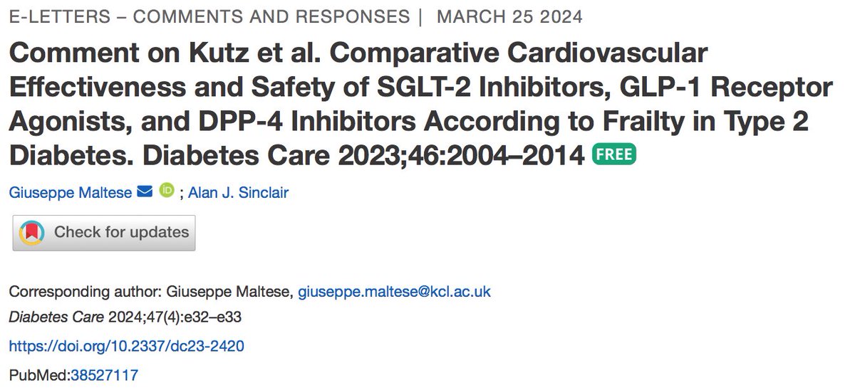 Our comment on Kutz et al. Comparative Cardiovascular Effectiveness and Safety of SGLT-2i, GLP-1 RA, and DPP-4i According to Frailty in Type 2 Diabetes @DiabetesCareADA Use of SGLT2i & GLP-1RA in frail older people w/ T2D: justified hesitancy or clinical inertia?