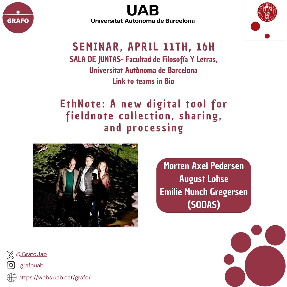 GrafoUab's tweet image. 📢 GRAFO Seminar, next Thursday, April 11th. With Morten Axel Pedersen, August Lohse and Emilie Gregersen.
📍Sala de Juntas, Facultad de Filosofía y Letras, UAB.
teams.microsoft.com/l/meetup-join/…
