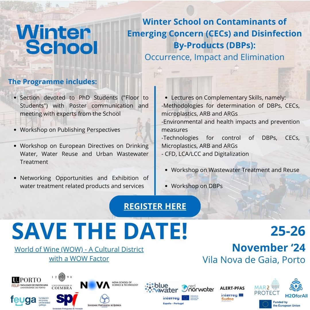 PH2oforall's tweet image. 🔔Registrations are open for the #WinterSchool on Contaminants of Emerging Concern and Disinfection By-Products (#DBPs) coming up on 25-26 November 2024 in Porto🇵🇹

⏰ Hurry, spots are limited!

🗓️ Date: November 25-26

👉 For more details, check out: buff.ly/3TpIjf6