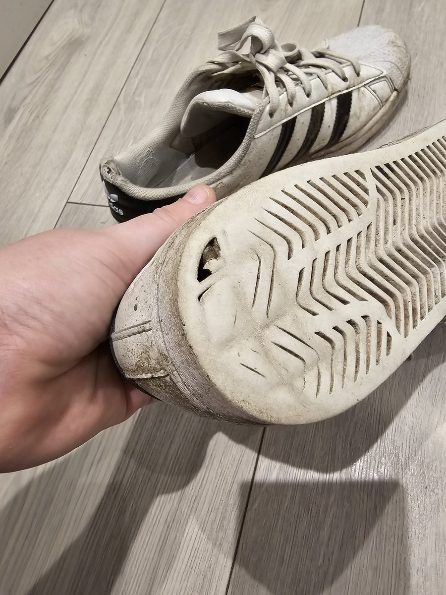 imperfect1989's tweet photo. My @adidas got me through so much in the past 4 years, a new job, travel to America, the UK, even through Labour with my first! 
They held well!!! But it had to come to an end.. had to say goodbye to my beloved Adidas superstars!!! I will miss them dearly!! https://t.co/waCpU3MbcG
