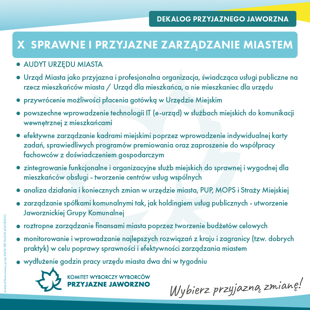PrzyjazneJ_no's tweet photo. Przedstawiamy rozwinięcie ostatniego X punktu Dekalogu Przyjaznego Jaworzna - SPRAWNE I PRZYJAZNE ZARZĄDZANIE MIASTEM. Przesłanie: profesjonalna i  efektywna obsługa mieszkańców w urzędach. Aktywna pomoc i zaangażowanie urzędników w sprawy mieszkańców. https://t.co/8os2Nu2O2x