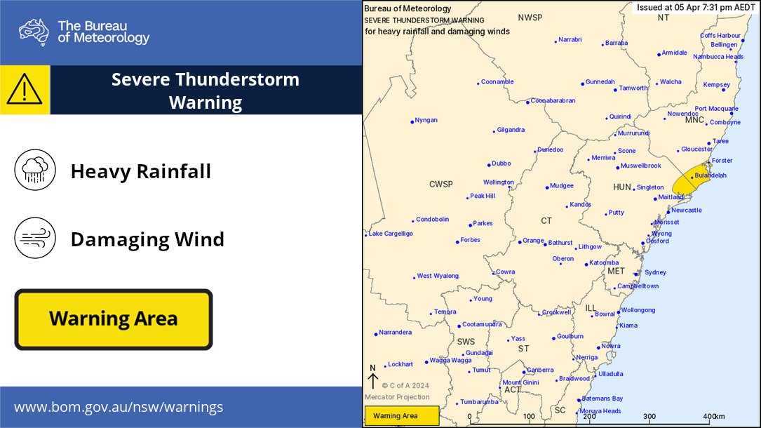 Severe thunderstorms warning is current in parts of Mid North Coast and Hunter around #Forster and #Bulahdelah for possible Heavy falls and Damaging Winds. Latest warning bom.gov.au/products/IDN21…