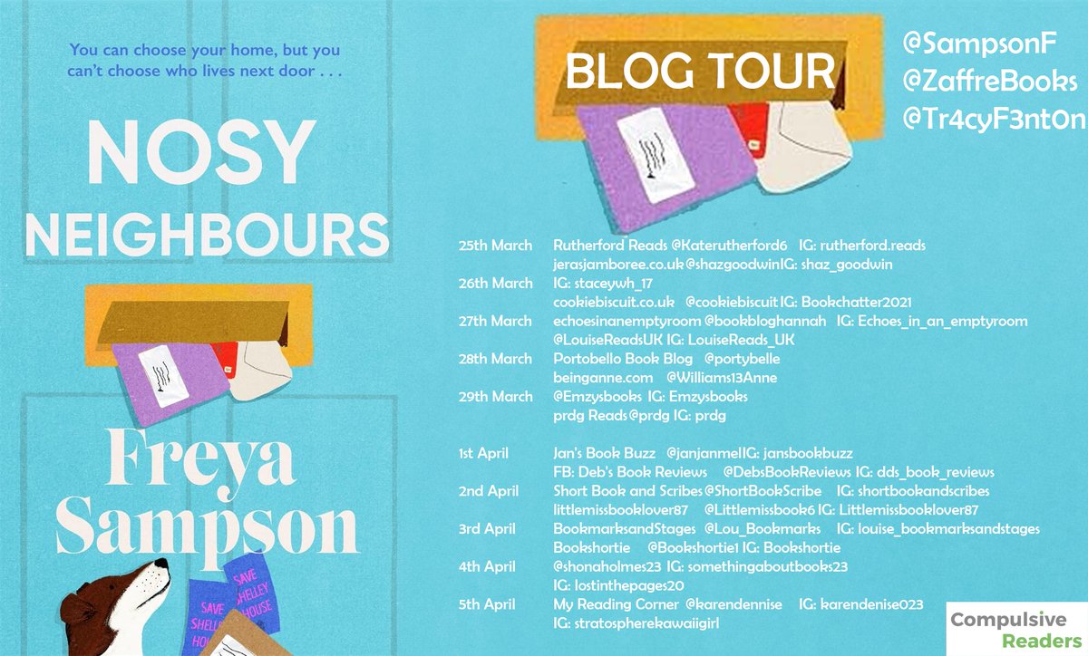 It's the final day of the blog tour for #NosyNeighbours by Freya Sampson @SampsonF and I'm delighted to share my review myreadingcorner.co.uk/2024/04/nosy-n… Published by @ZaffreBooks Tour organiser @Tr4cyF3nt0n