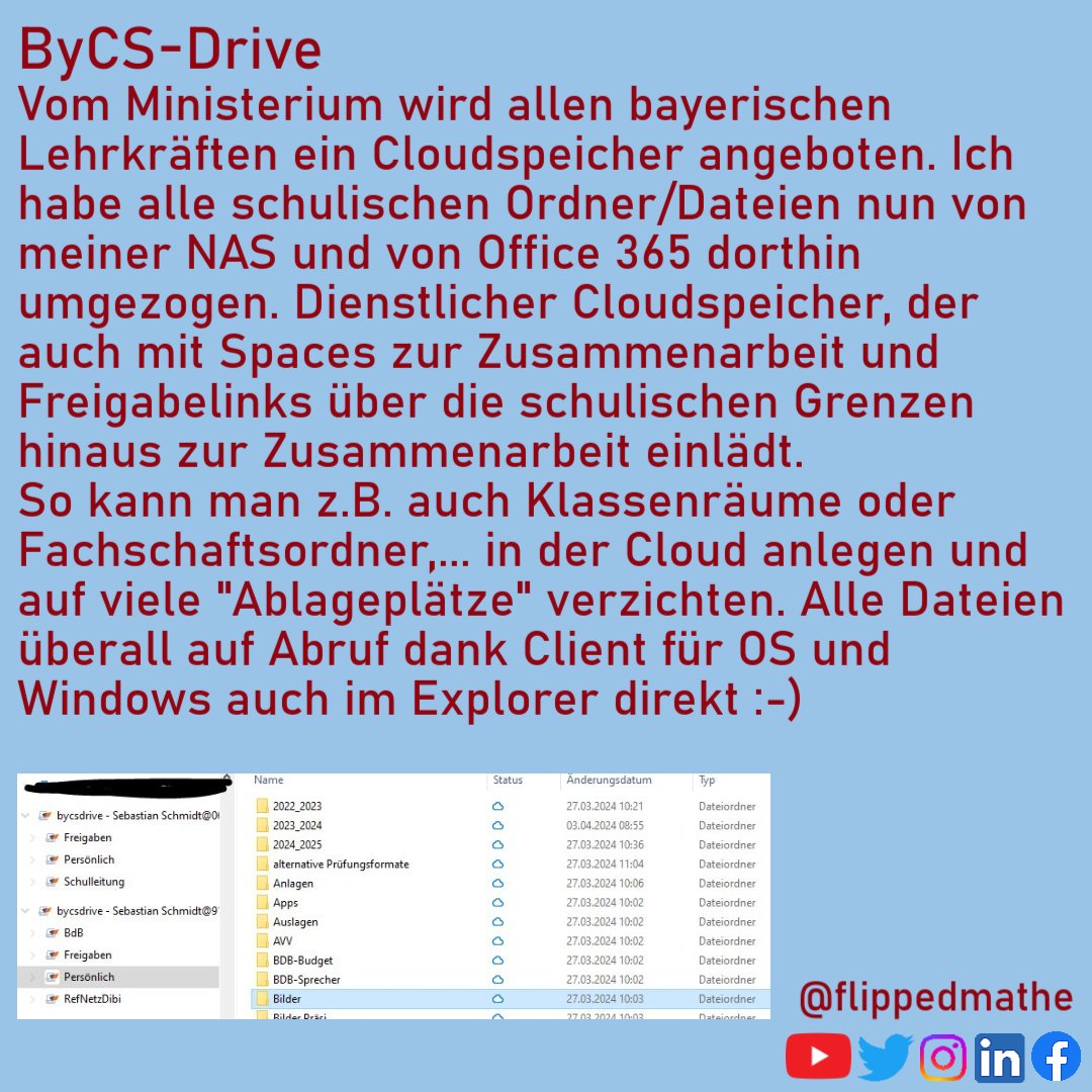 FlippedMathe's tweet photo. Mein #wowdw in den Ferien ist der "digitale Umzug" zur ByCS (BayernCloud Schule). Endlich alles Dienstliche auf einer Cloud und in einem Messenger. ByCS ist so viel mehr als nur mebis! Ich habe jetzt alles an einem Ort und es läuft 😍 Danke @KM_Bayern 
#twlz #xlz #dsdz #BayernEdu https://t.co/vjxpMtLymw
