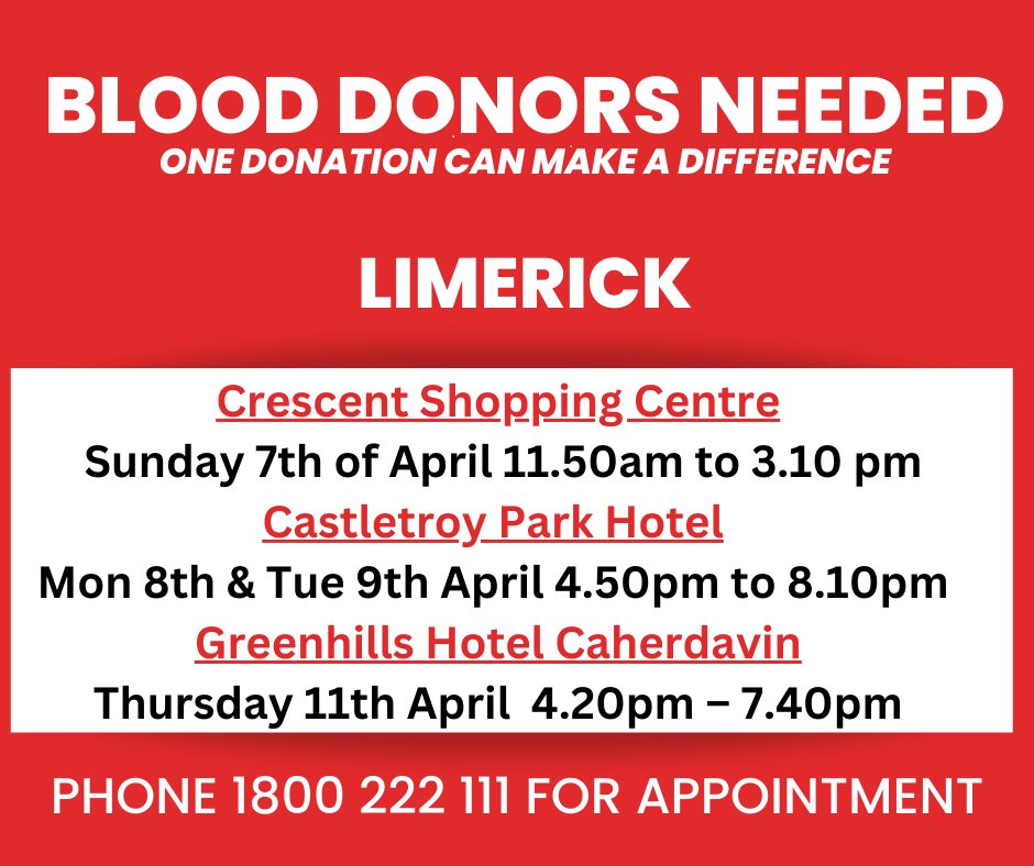 🩸 Blood Donation Clinics - Limerick 🩸 Every donation has the potential to save lives. Please phone 1800 222 111 to make an appointment.