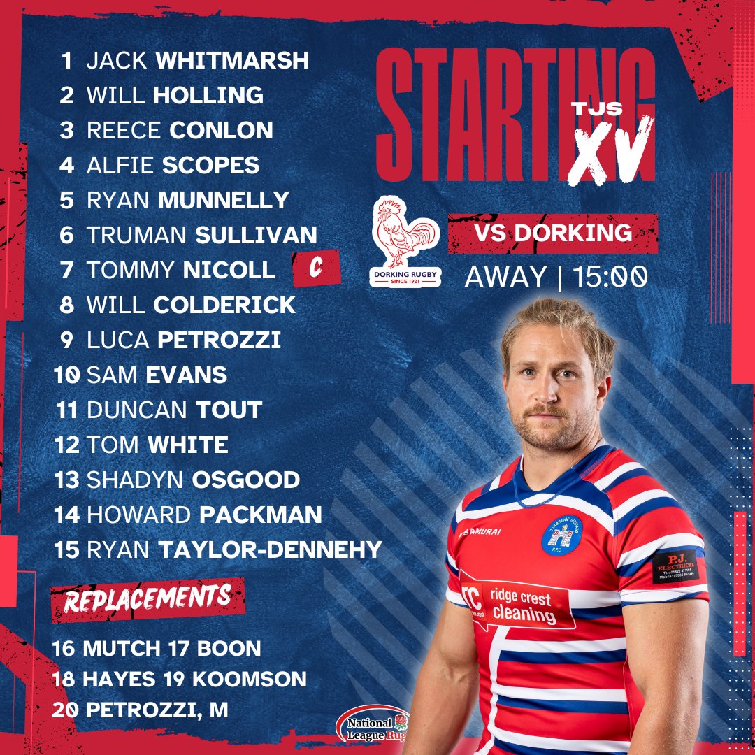 TJRFC's tweet photo. 🔴🔵 Here’s your 1st XV to head to 2nd placed Dorking tomorrow
@dorkingrugbyfc
📍Dorking RFC, RH3 7LZ
🕒 3:00pm kick off
🏉 National 2 East
#tjrfc #tonbridgejuddians #nationalleaguerugby #rugby #tjsrugby https://t.co/FGffodB5Re