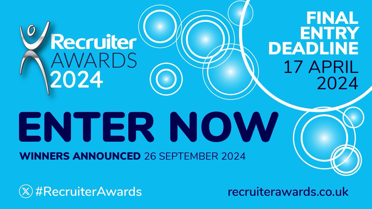 The final entry deadline for #RecruiterAwards 2024 is THIS WEEK! This is your last chance to enter and showcase your company and your fantastic recruitment work. Join the elite club of industry stars - earn fame and acclaim by entering now! recruiterawards.co.uk