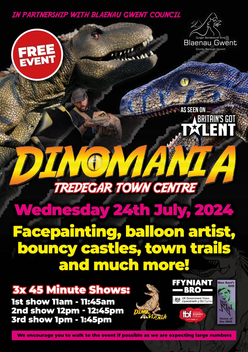 Exciting news! Despite last year’s rain forcing us indoors, Dinomania’s returning to Tredegar for an outdoor event! Join us in the town centre on 24th July for another epic dino adventure. Save the date and let’s make this one unforgettable! #Dinomania#ShopLocal #SaveTheDate