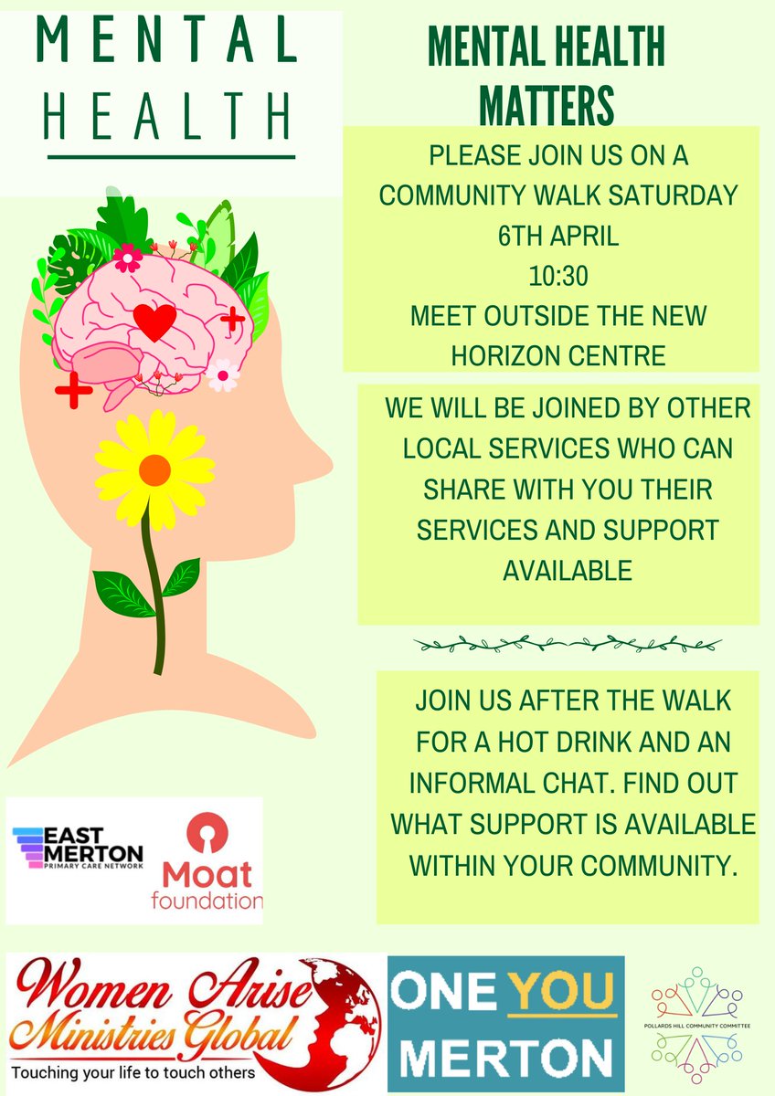 MENTAL HEALTH MATTERS! Join the community walk on Saturday 6th April @10.30 am outside the New Horizon Centre and enjoy a walk & talk with a group. For more support with mental health visit bit.ly/3kBRYh5