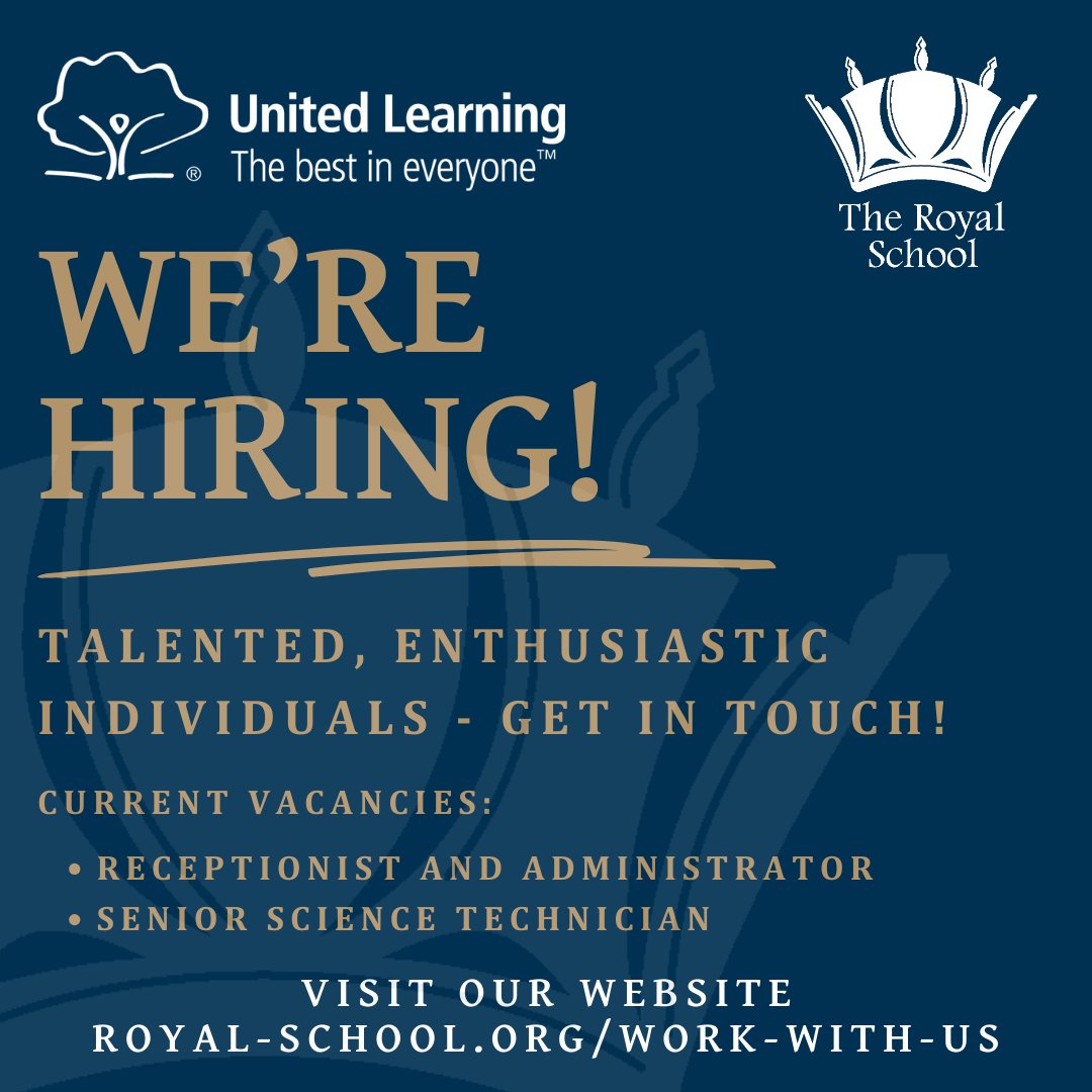 📣 Join our dynamic team! We are seeking passionate and skilled individuals to fill term-time-only support vacancies. Explore our recruitment page on our website to learn more. royal-school.org/work-with-us #WorkWithUs #TheRoyalSchool #FutureReady