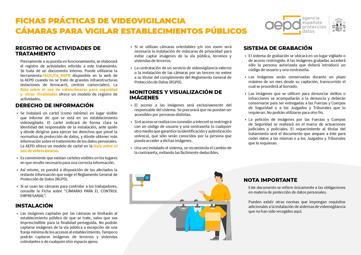 👁️ Antes de instalar una cámara de seguridad en tu comercio o local, lee esta ficha práctica sobre videovigilancia y #proteccióndedatos. aepd.es/documento/fich…