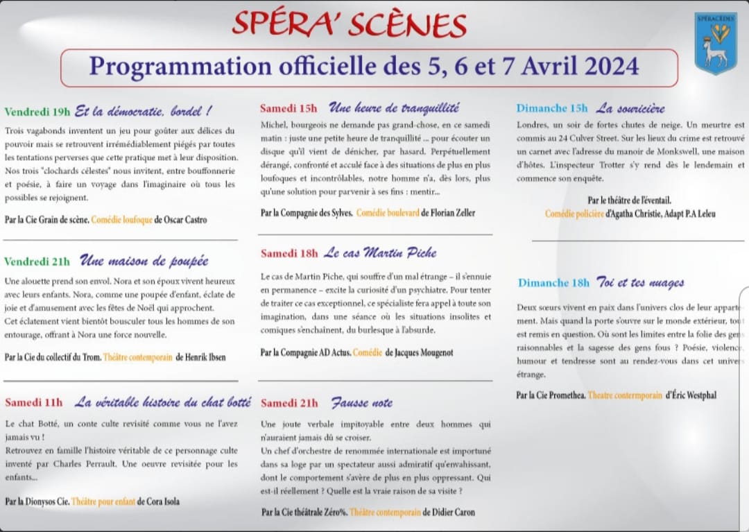 Ce soir débute la 3ème édition de l'un des #festivals incontournables de #theatre sur la #CotedAzurFrance : Spera'scenes! Si vous voulez nous voir, nous y jouons demain la 1ère de notre nouveau #spectacle à 15h, #UneHeureDeTranquillite de Florian Zeller. On vous attend nombreux!