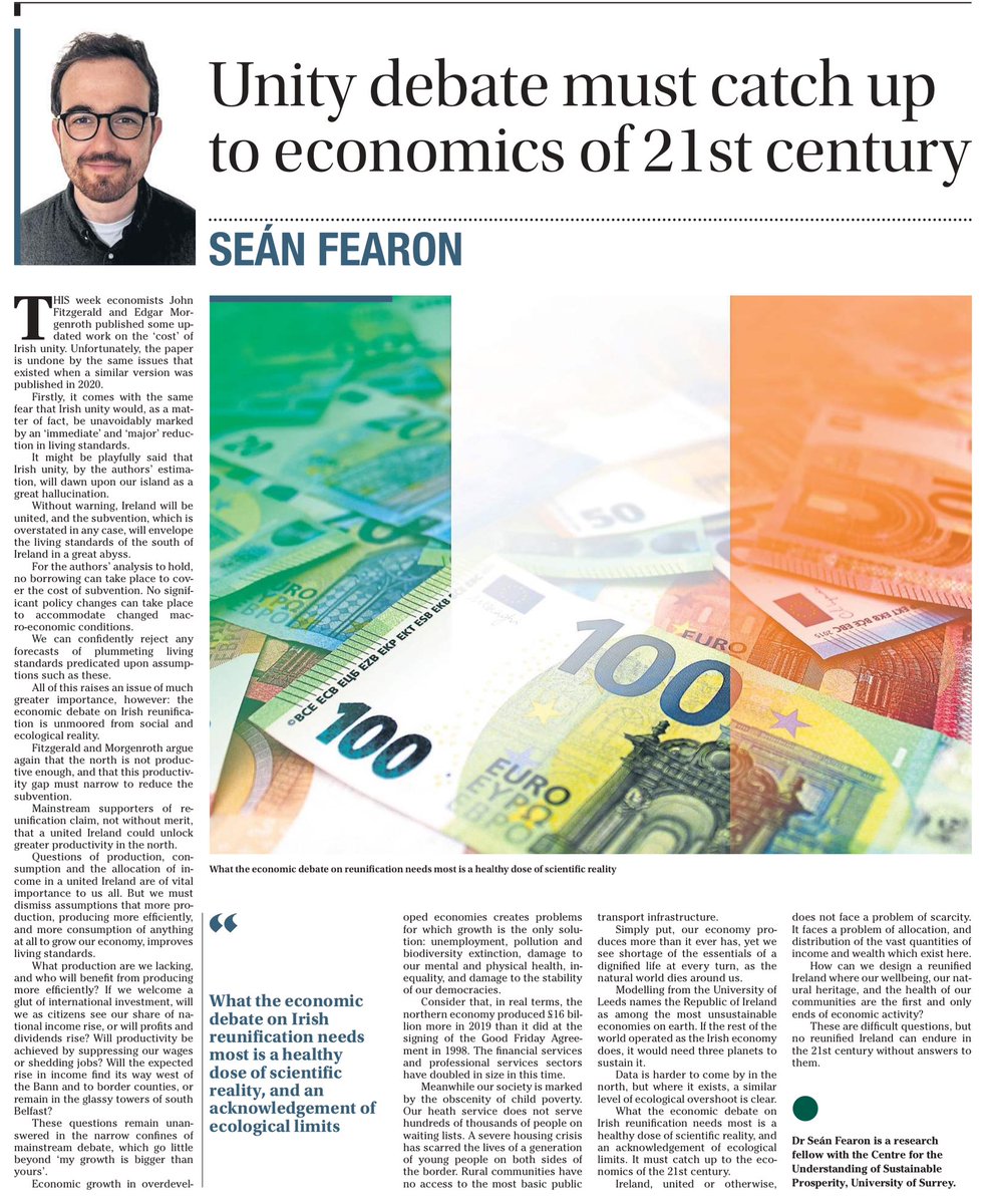 Article in @irish_news today: 'Our economy produces more than it ever has, yet we see shortage of the essentials of a dignified life at every turn, as the natural world dies around us.' UI economics of endless growth & productivity trap are a dead end to ecological disaster.